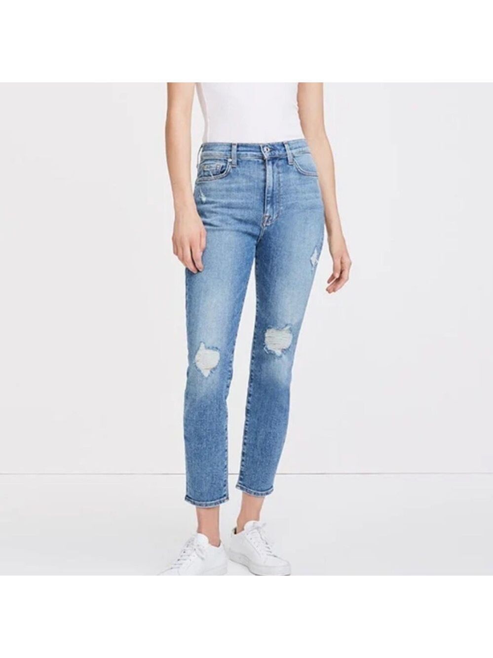 7 For All Mankind HIGH WAIST ANKLE SKINNY Blue Distressed Ankle Jeans SZ 27